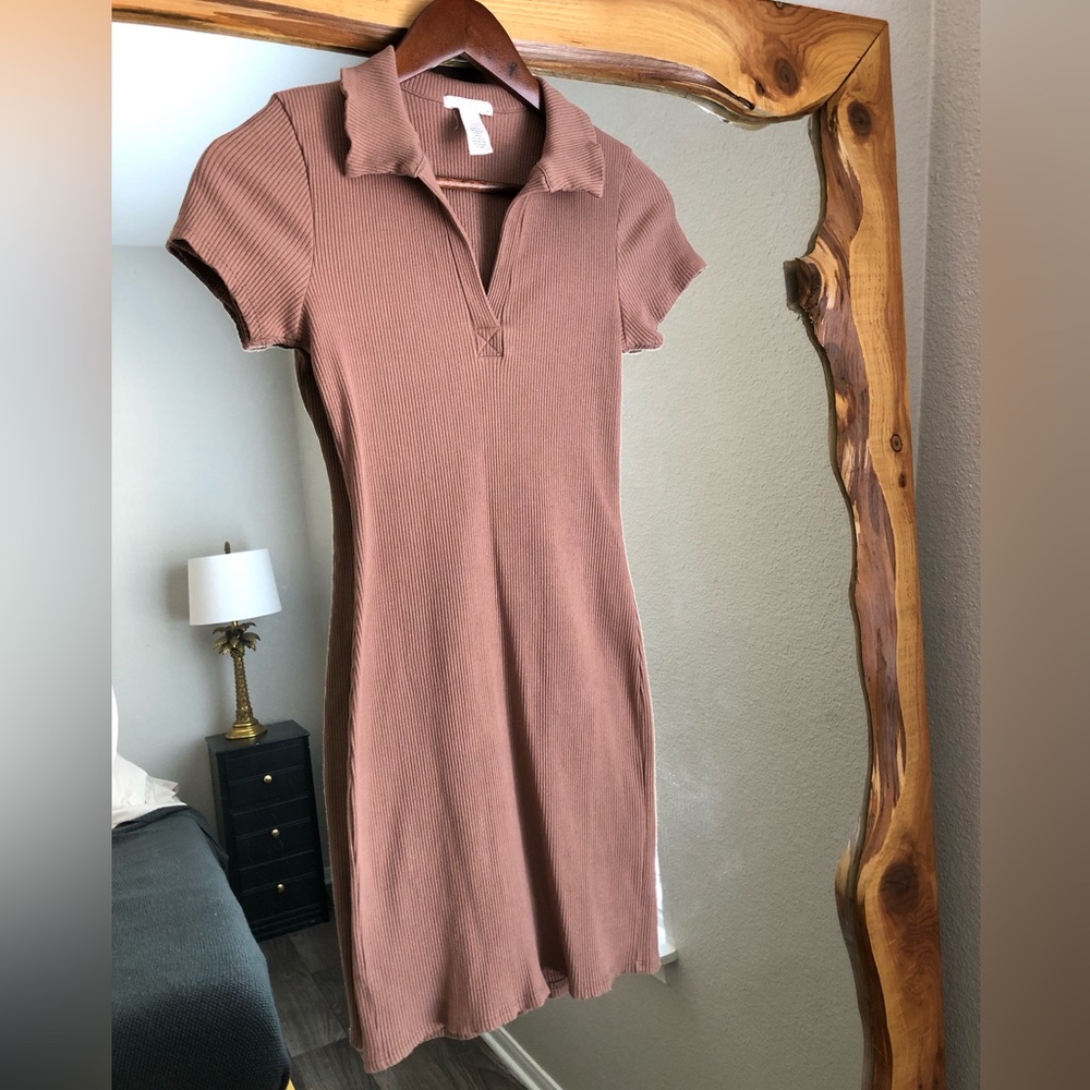 Full Tilt Johnny Collar Brown Ribbed Bodycon Dress